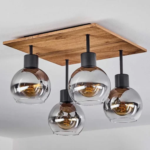 Plafonnier Vouhet Brun, Couleur Bois, Noir, 4 Lumieres