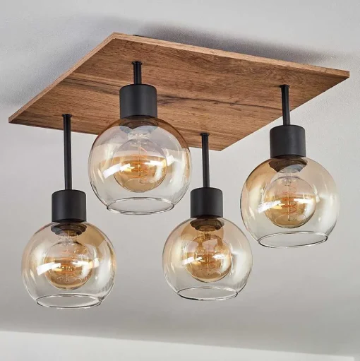 Plafonnier Vouhet Brun, Couleur Bois, Noir, 4 Lumieres